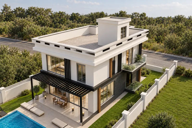 Visualisation of the villa from the other corner, showing the pergola, lawn and pool