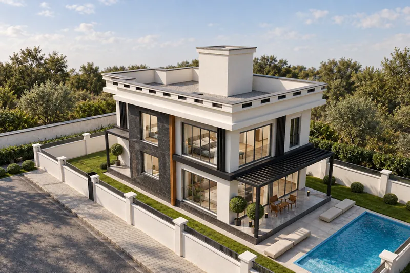 Visualisation of a two-storey white villa with a black pergola and a blue pool in a walled garden