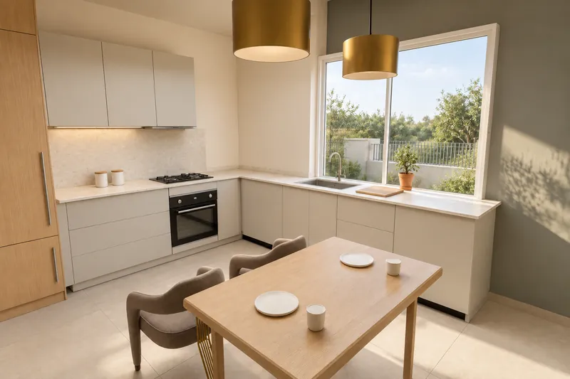 Visualisation of the L-shaped kitchen with a dining table and garden window