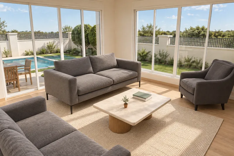 Visualisation of the living room with grey sofas and large windows facing the pool