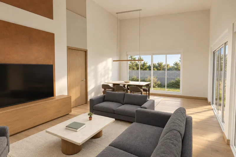 Visualisation of the living room opening onto the dining area