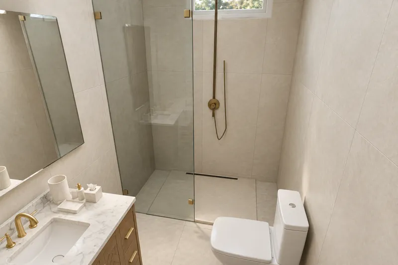 Visualisation of the master bathroom with a walk-in glass shower and stone vanity
