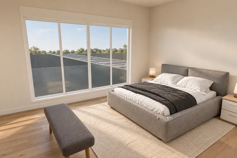 Visualisation of the master bedroom with a wide window and upholstered bed