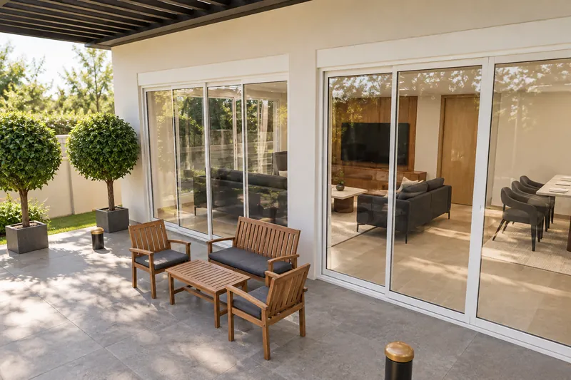 Visualisation of the shaded terrace under the pergola with wooden chairs and sliding glass doors