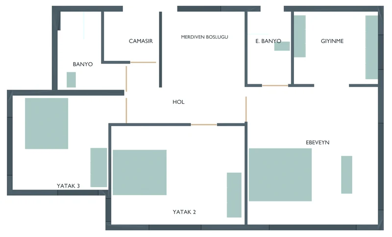 Schematic first-floor plan: master bedroom with dressing room and bath, two bedrooms, bathroom, laundry and hall