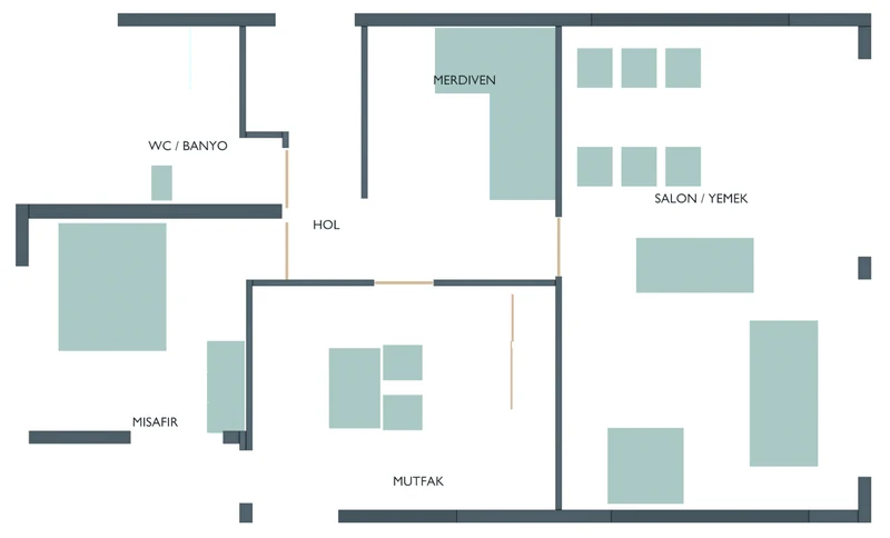 Schematic ground-floor plan: living/dining, kitchen, guest bedroom, WC/bath, hall and stairs